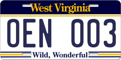 WV license plate OEN003