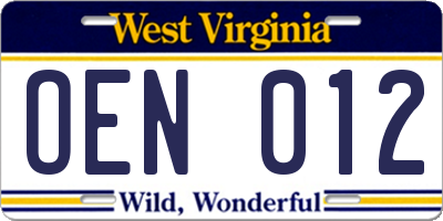 WV license plate OEN012