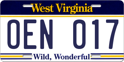 WV license plate OEN017