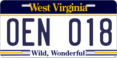 WV license plate OEN018