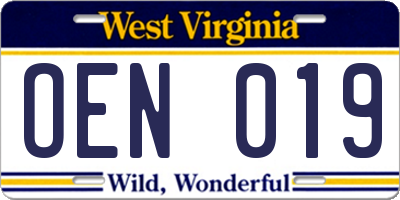 WV license plate OEN019