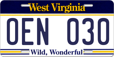 WV license plate OEN030