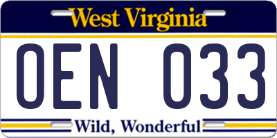 WV license plate OEN033
