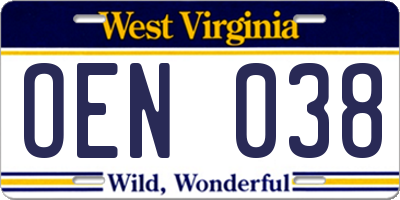 WV license plate OEN038