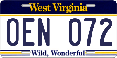 WV license plate OEN072