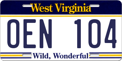WV license plate OEN104