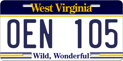WV license plate OEN105