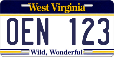 WV license plate OEN123