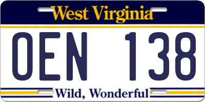 WV license plate OEN138