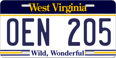 WV license plate OEN205