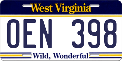 WV license plate OEN398