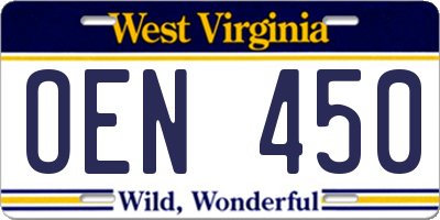 WV license plate OEN450