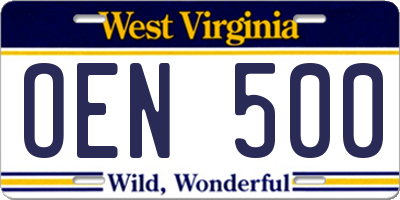 WV license plate OEN500