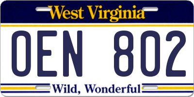WV license plate OEN802