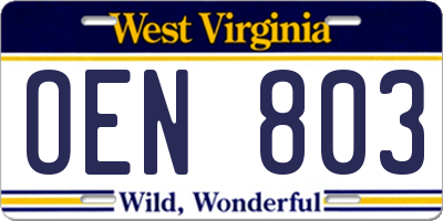 WV license plate OEN803