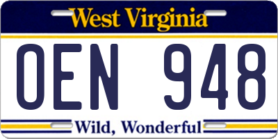 WV license plate OEN948