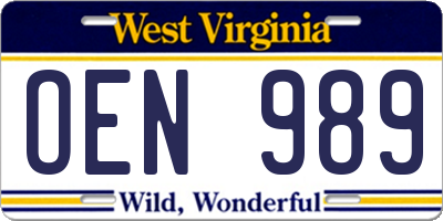 WV license plate OEN989