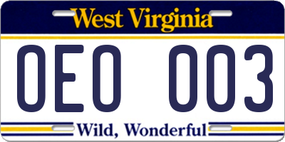 WV license plate OEO003