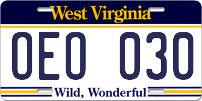 WV license plate OEO030