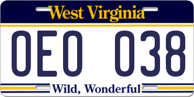 WV license plate OEO038