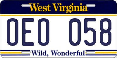 WV license plate OEO058