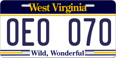WV license plate OEO070