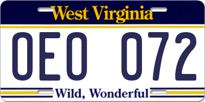 WV license plate OEO072