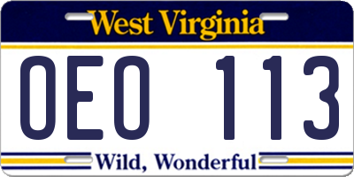 WV license plate OEO113
