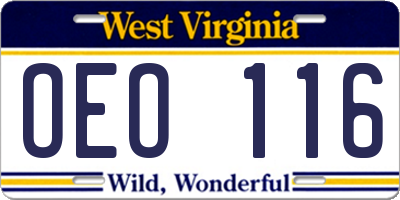 WV license plate OEO116