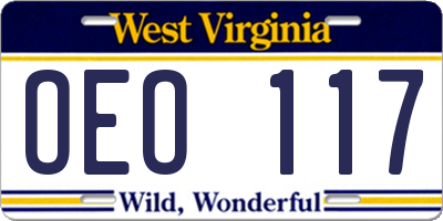 WV license plate OEO117