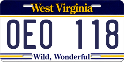 WV license plate OEO118