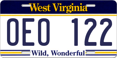 WV license plate OEO122