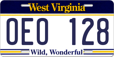 WV license plate OEO128