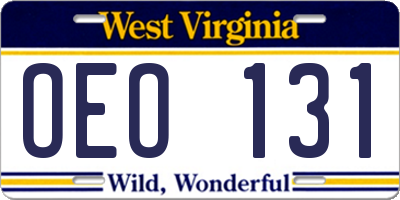 WV license plate OEO131