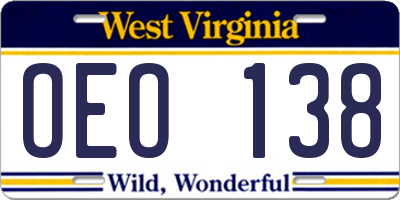 WV license plate OEO138