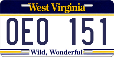 WV license plate OEO151