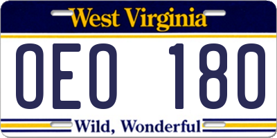 WV license plate OEO180