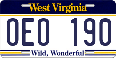 WV license plate OEO190