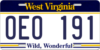 WV license plate OEO191