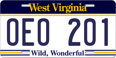 WV license plate OEO201