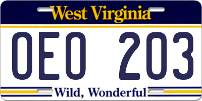 WV license plate OEO203