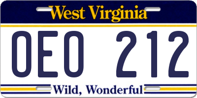 WV license plate OEO212
