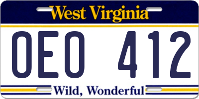 WV license plate OEO412