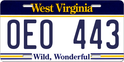 WV license plate OEO443