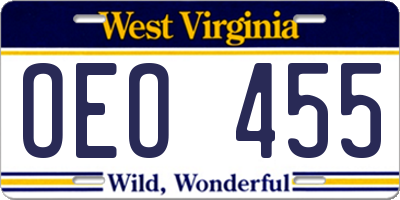 WV license plate OEO455