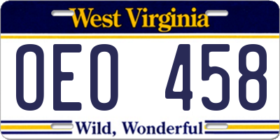 WV license plate OEO458