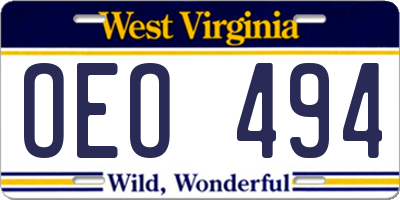 WV license plate OEO494