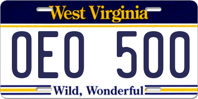 WV license plate OEO500