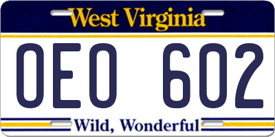 WV license plate OEO602
