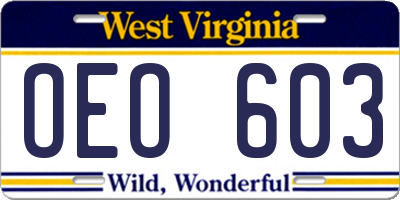 WV license plate OEO603